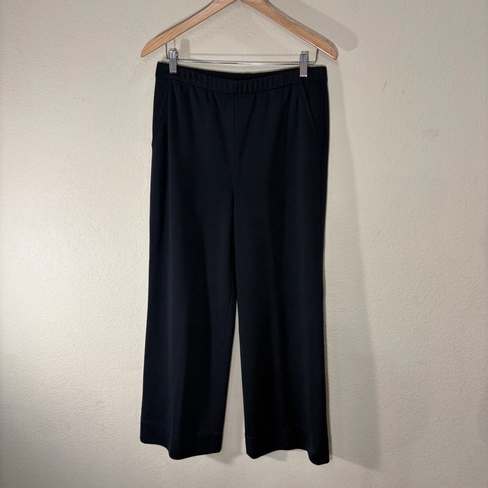 St. John Caviar Black Wool Blend Knit Wide Leg Pants Sz 10 Quiet Luxury Casual